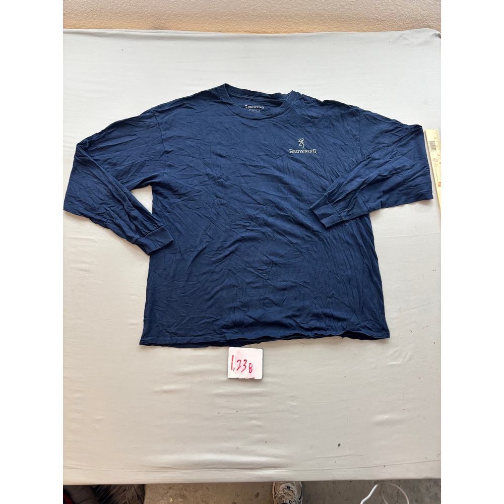 Browning Mens XL Long Sleeve T-Shirt Navy Blue Rifle Flag Graphic Buckmark Logo